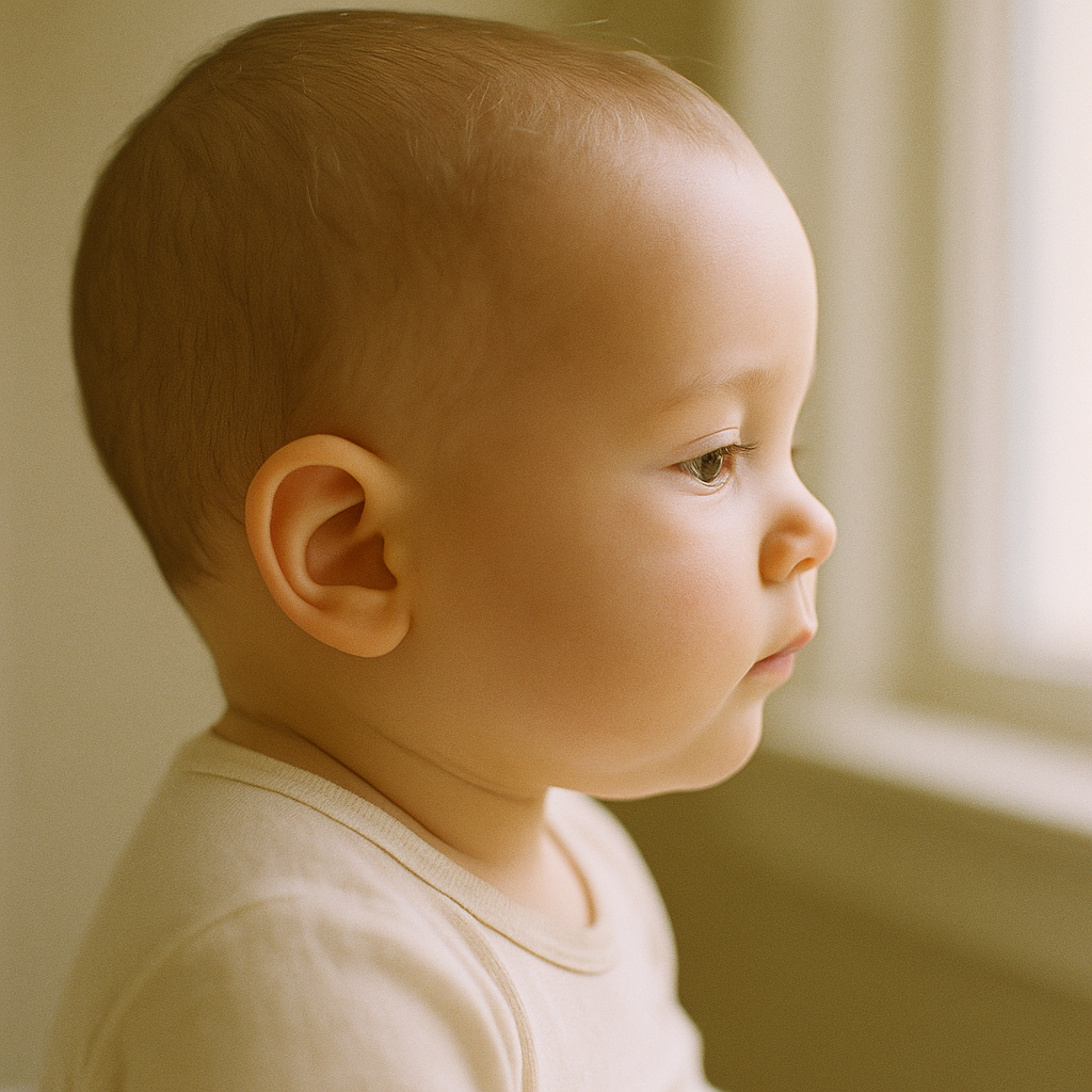 Side-profile portrait of an infant in soft natural light