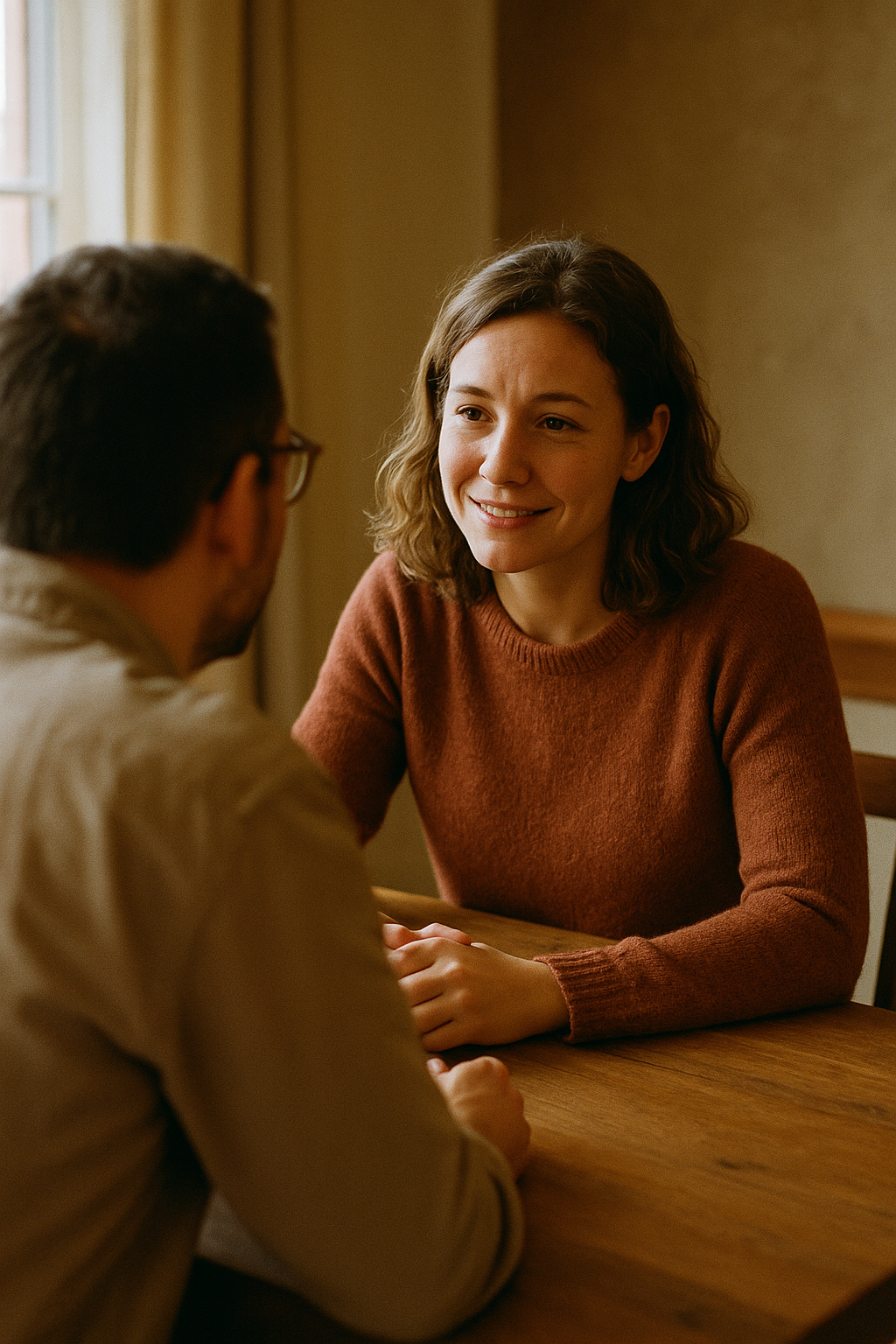 Two people in calm, trusting conversation across a table in soft natural light