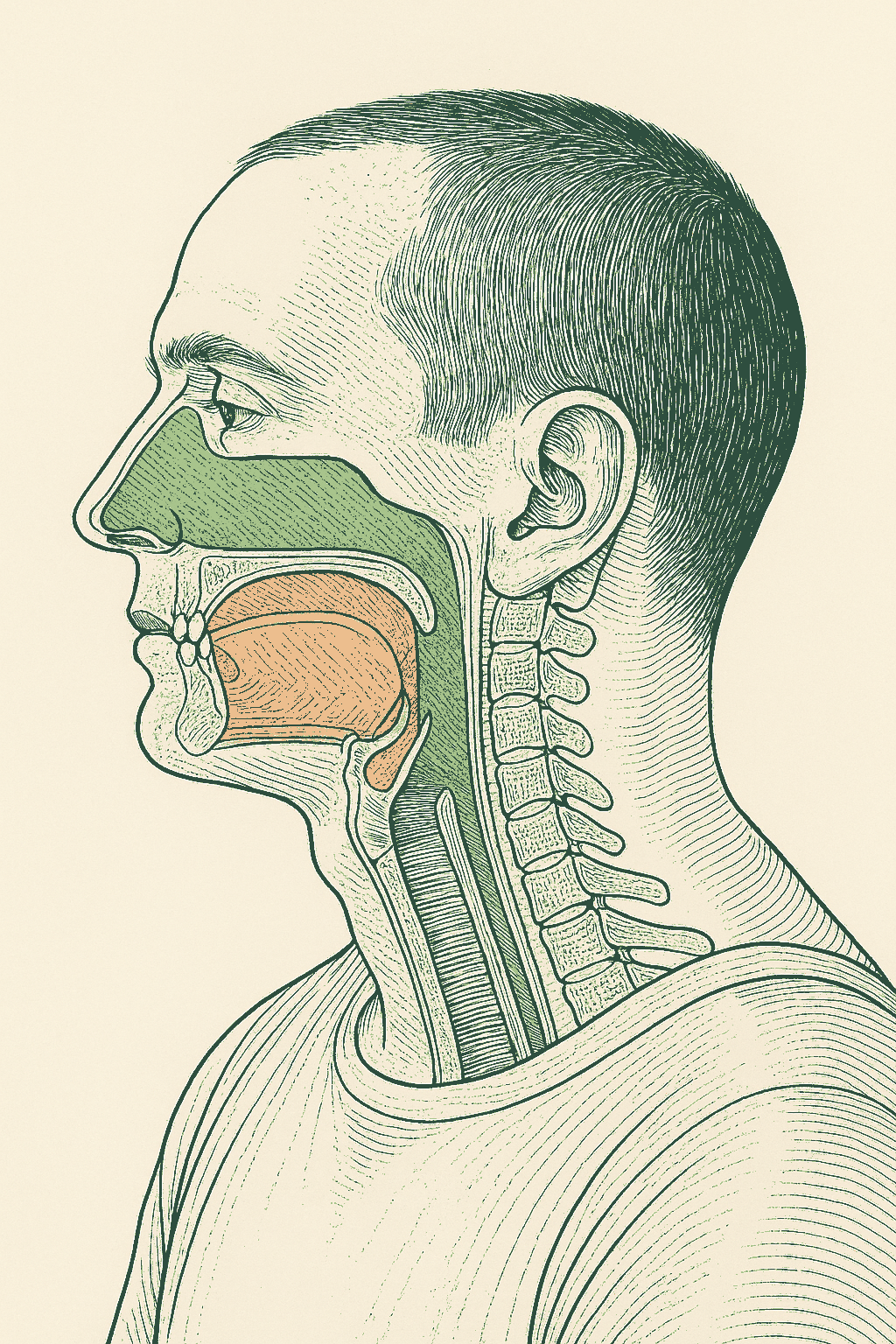 Anatomical line illustration of the same head showing the skull, jaw, airway and spine, the jaw in terracotta and the airway in sage