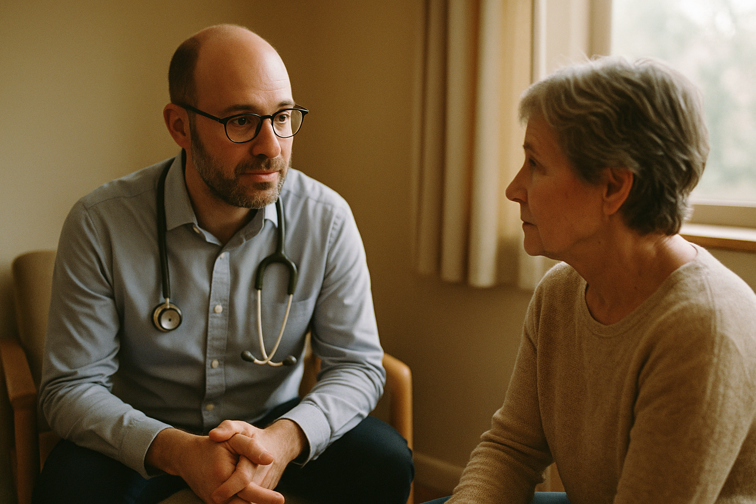 An unhurried first consultation, a clinician and patient in calm conversation