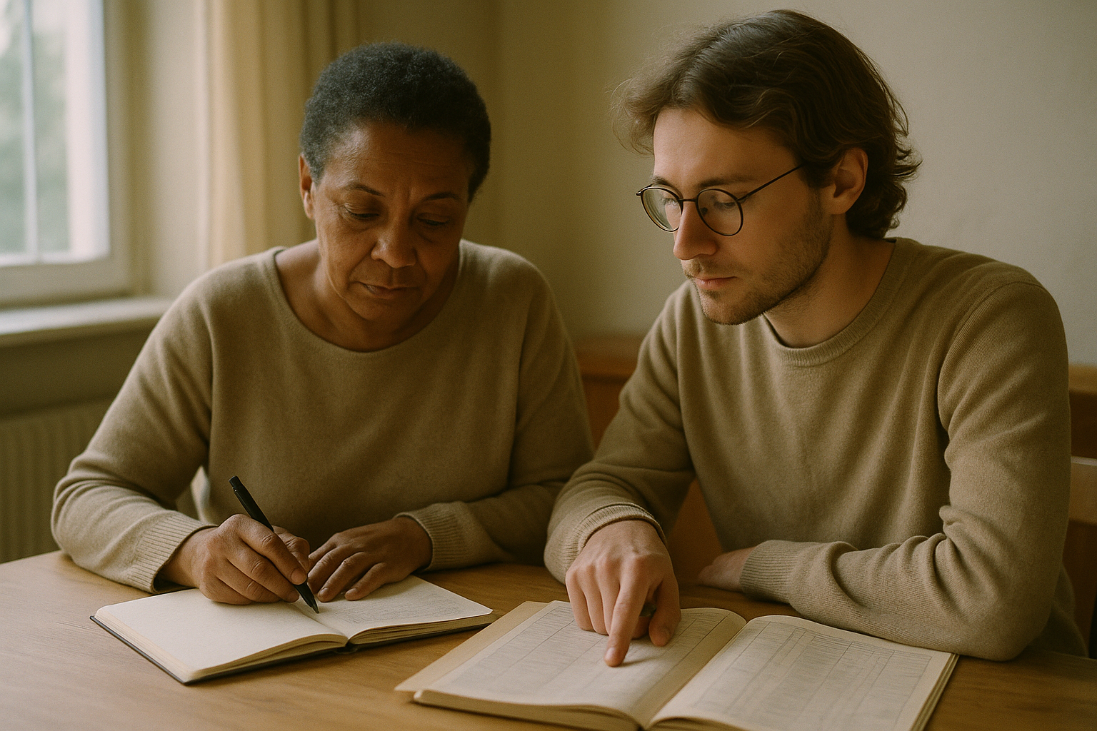 Two people reviewing clinical records and notes together at a desk