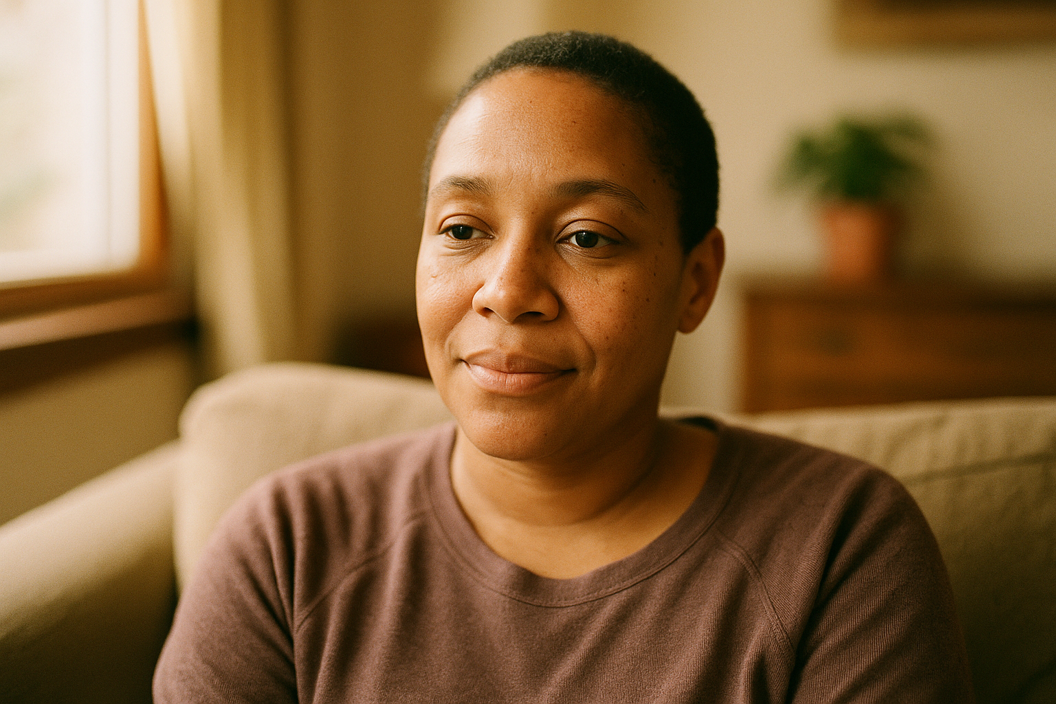 A relaxed, content person at an unhurried follow-up appointment
