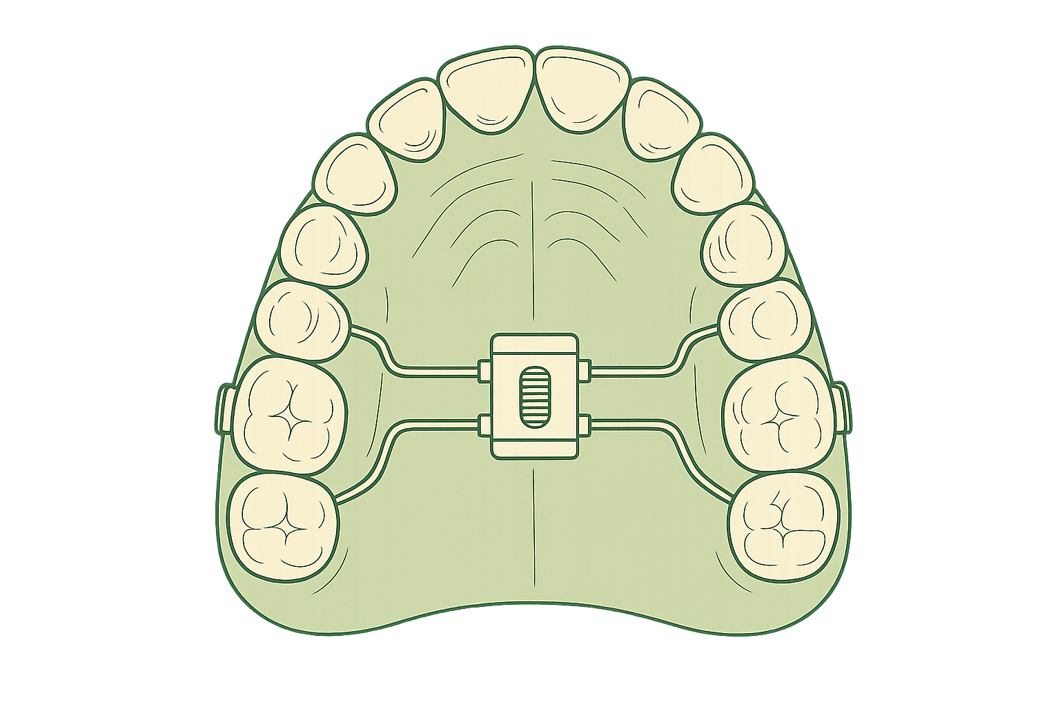 Line illustration of a child's dental arch with a palatal expander